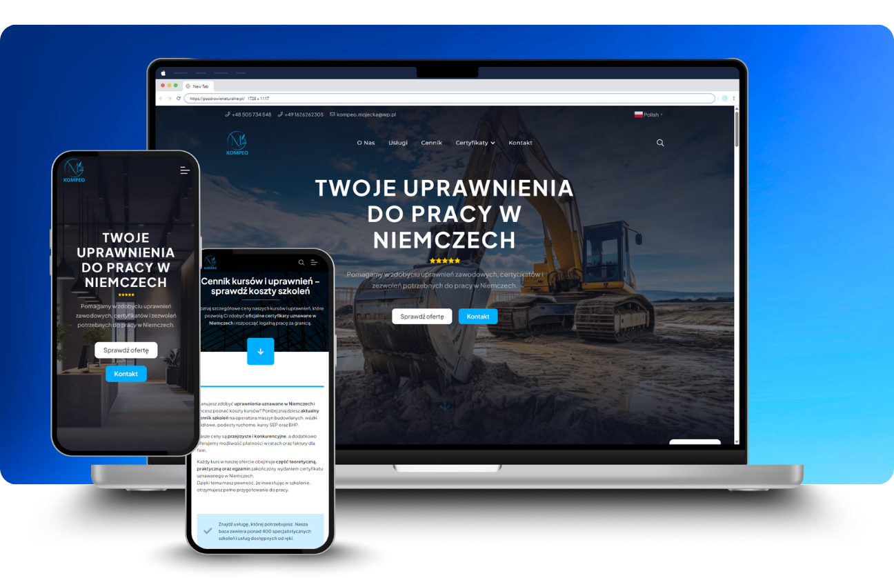 Laptop i telefon na którym widnieje stworzona strona internetowa dla firmy ze Zgorzelca. Strona z branży uzyskania szkolenia lub uprawnień w Niemczech.