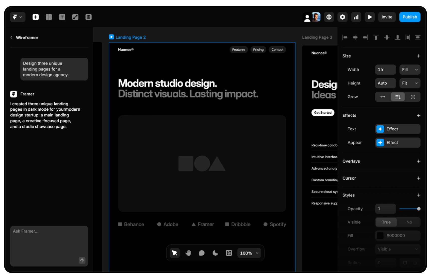 Interfejs narzędzia Framer do projektowania landing page w trybie dark mode z edytorem wizualnym i panelem ustawień